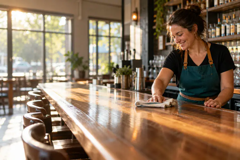 Bar owner wiping down a wood bar top in the afternoon light, stools up