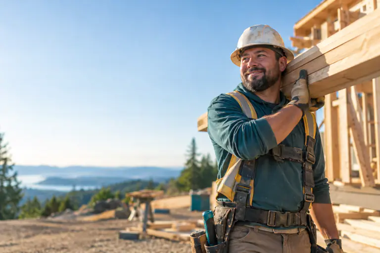 Construction worker in a hard hat and vest carrying lumber on a sunny site
