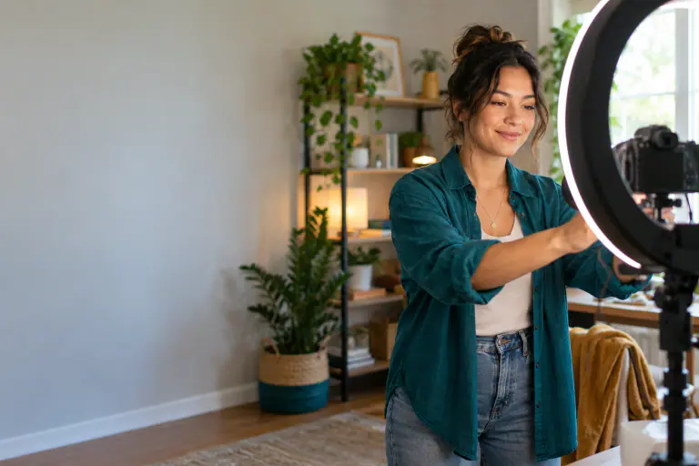 Content creator setting up a ring light and camera in a home studio