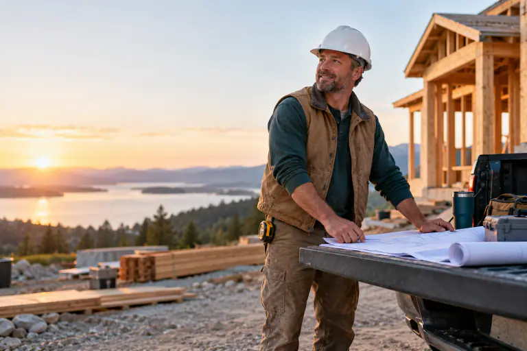 General contractor in a hard hat reviewing plans on a tailgate at a job site