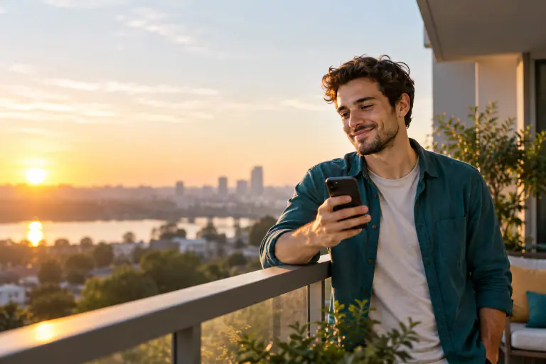 Young man in his 20s checking a phone on a balcony at sunrise