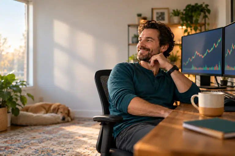 Day trader at a home desk with two monitors, coffee, early morning