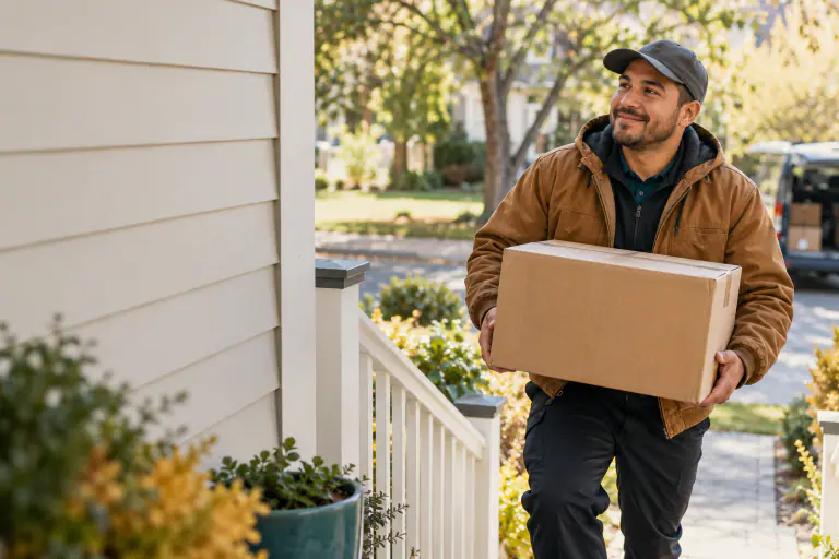 Delivery driver carrying a box up porch steps, brown jacket, smiling