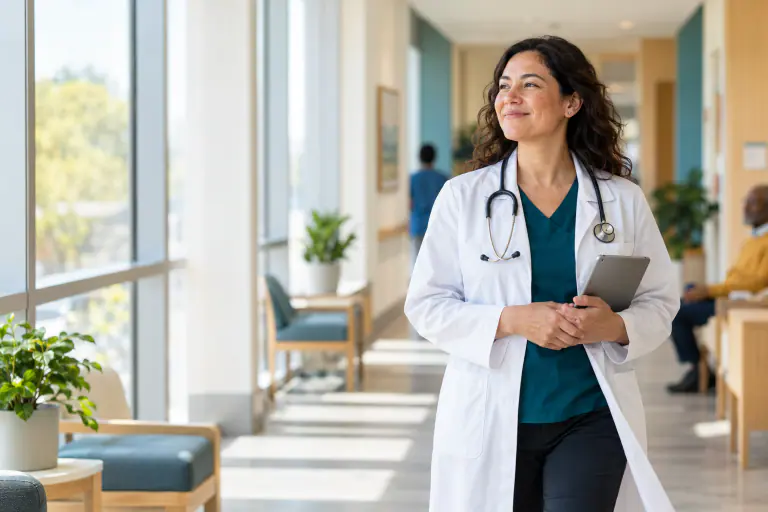 Family doctor in a white coat walking a bright clinic hallway with a tablet