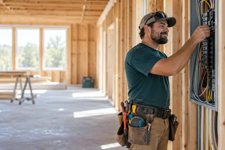 Electrician in a tool belt checking a panel in a new build, headlamp off