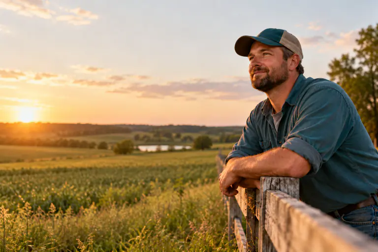 Farmer in a ball cap leaning on a fence by a field at golden hour