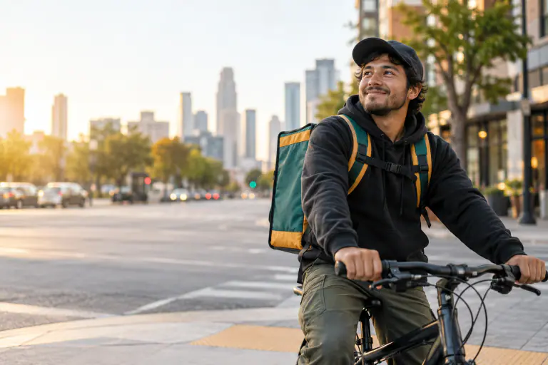 Gig worker in a hoodie with a delivery bag on a bike at a city corner