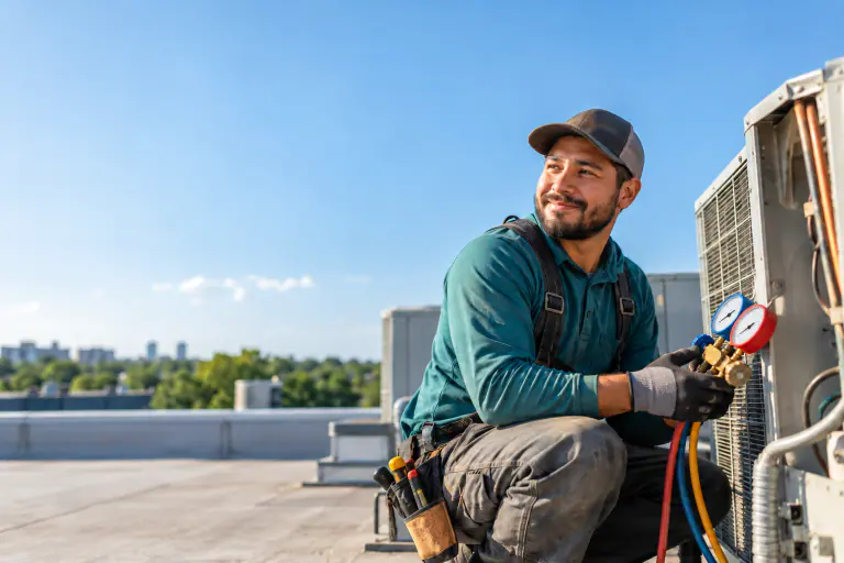 HVAC tech on a rooftop next to a unit, holding a gauge, blue sky
