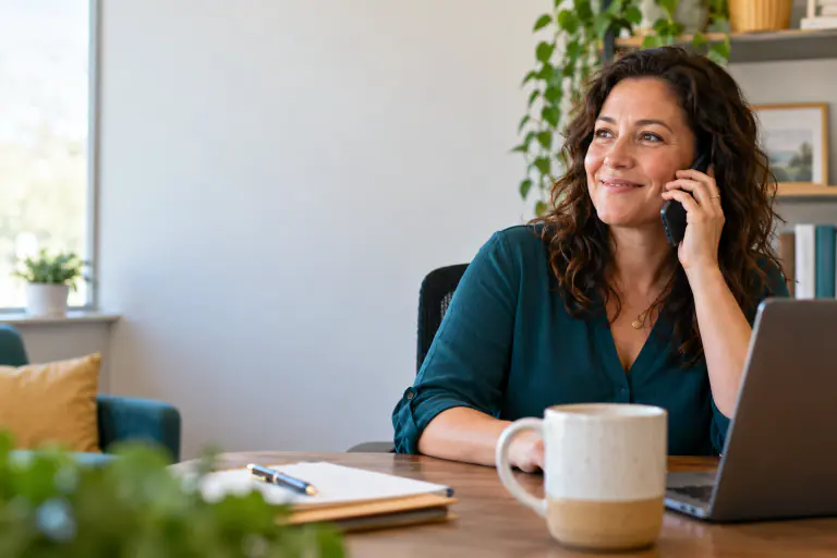 Independent insurance agent at a small office desk on a phone call, coffee mug