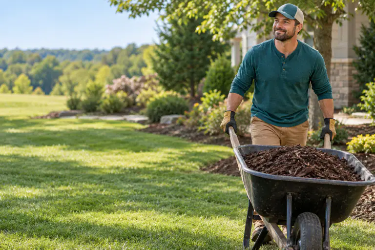 Landscaper in gloves pushing a wheelbarrow of mulch across a green lawn