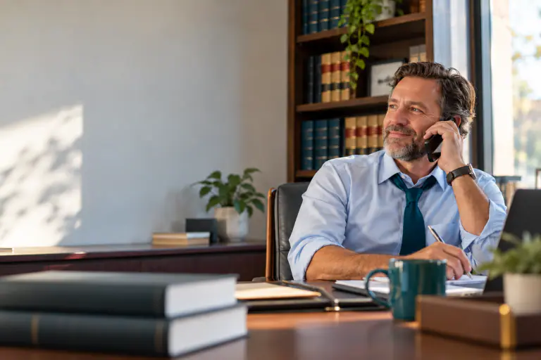 Solo lawyer at a small office with law books, tie loosened, on a phone call