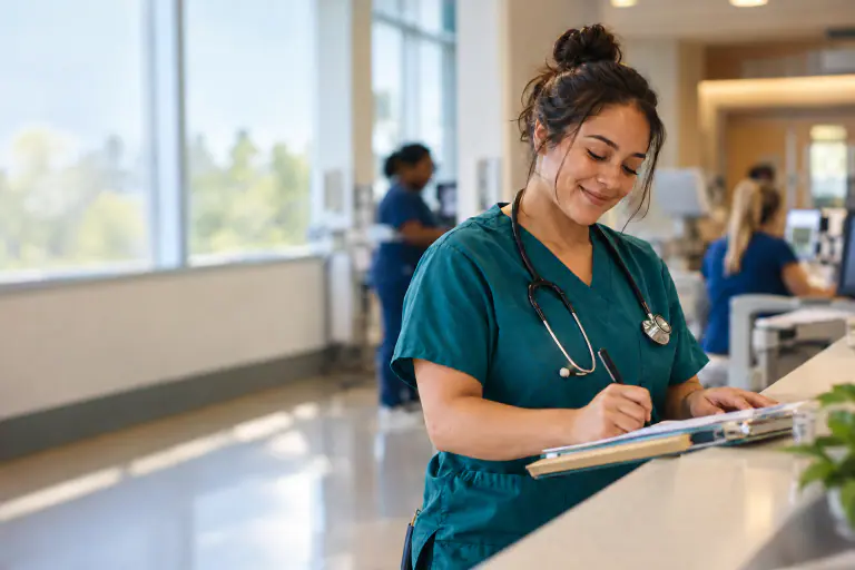 Nurse in scrubs at a nurses station writing on a chart, calm smile