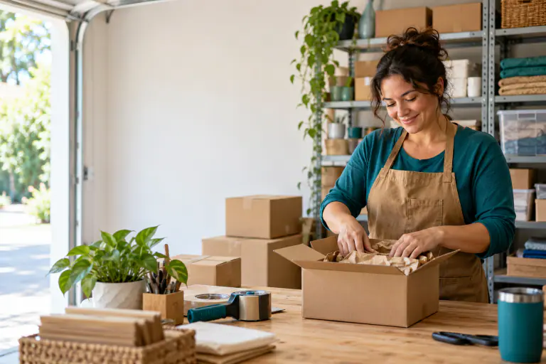Online seller packing orders into boxes at a garage workbench, shelves of stock