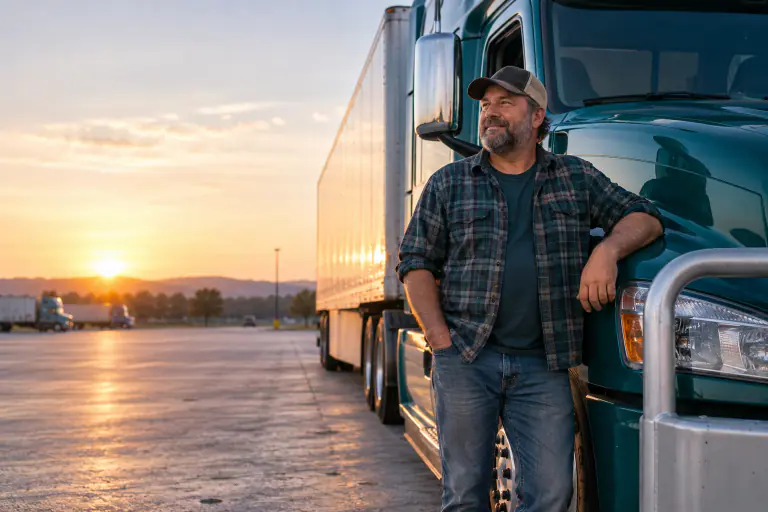 Owner operator truck driver standing by the cab of his semi at a truck stop at dawn