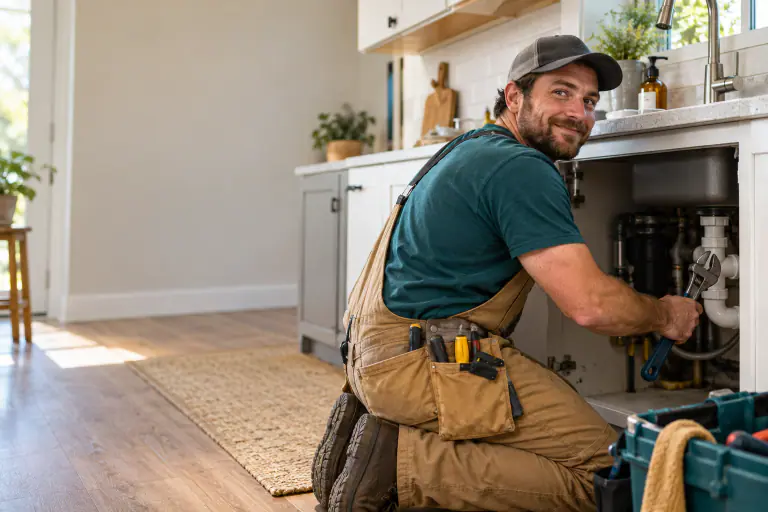 Plumber kneeling under a kitchen sink with a wrench, looking back at camera with a grin