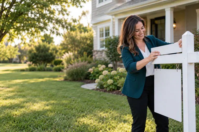 Real estate agent in a blazer placing a sold rider on a yard sign, front lawn