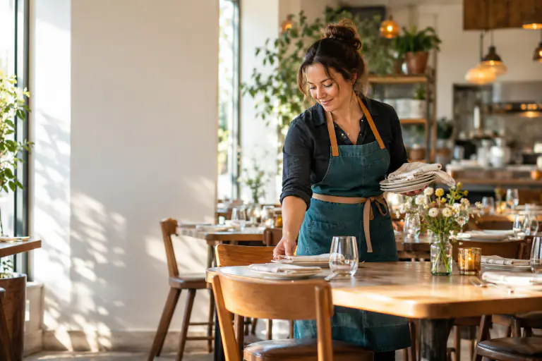 Restaurant owner in an apron setting tables before opening, sunlit dining room