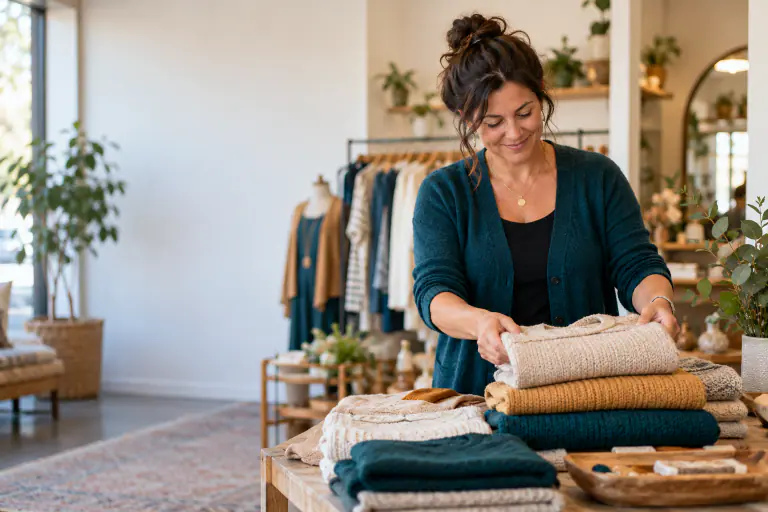Boutique owner folding sweaters on a display table in her shop