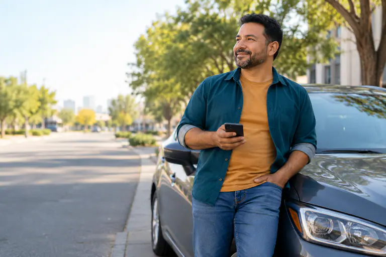 Rideshare driver in his 40s leaning on his clean sedan at a curb, phone in hand
