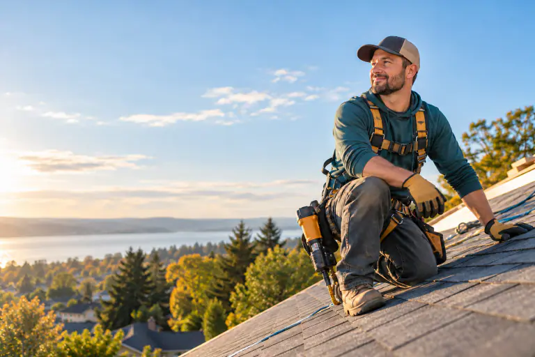 Roofer in a harness on a pitched roof, nail gun on his hip, clear morning