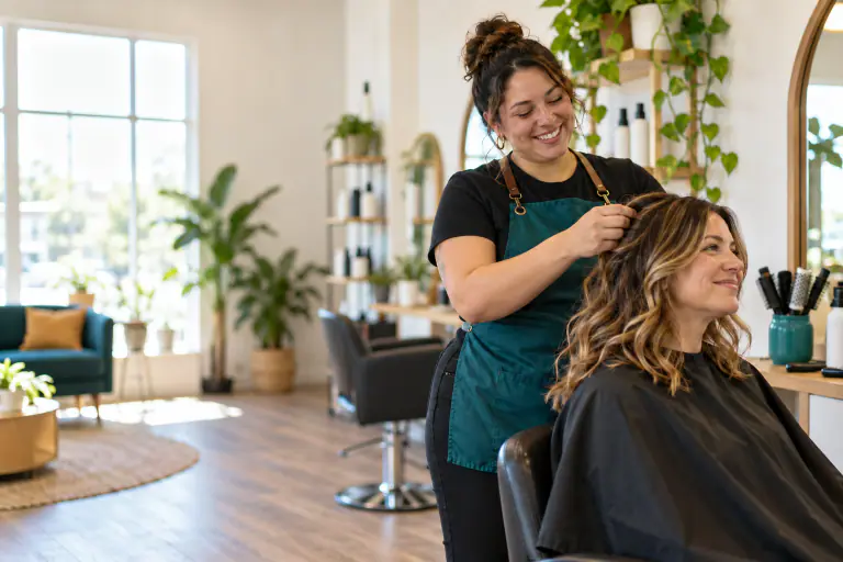 Salon owner styling a client's hair in her bright small salon