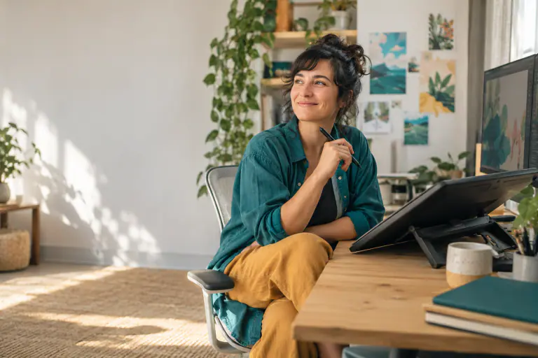 Self employed graphic designer at a home studio desk with a sketch tablet