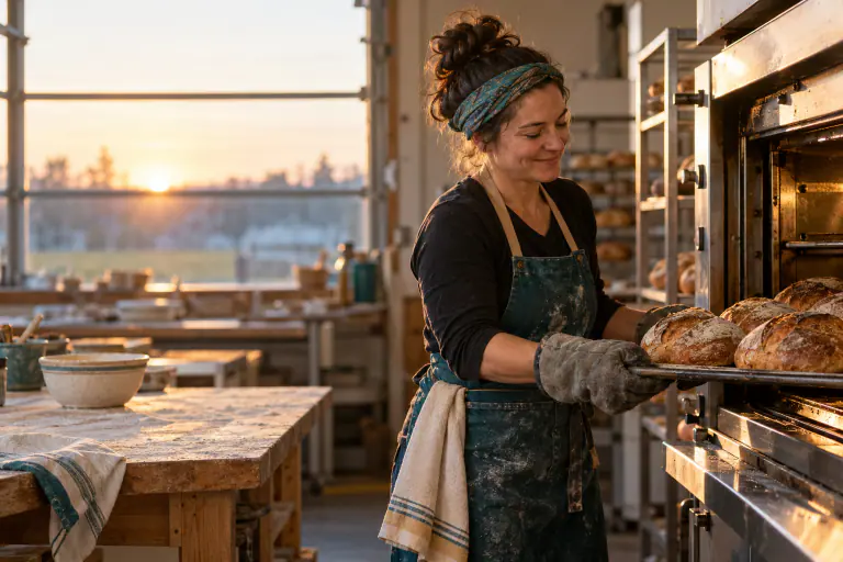 Bakery owner pulling a tray of bread from an oven at dawn