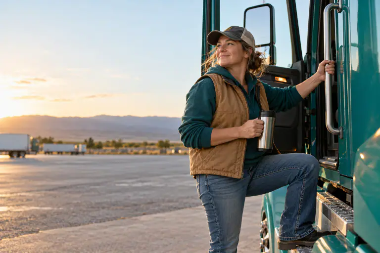 Woman truck driver climbing into the cab of her rig, thermos in hand