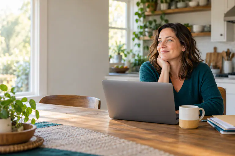 Woman in her 40s at a kitchen table with a laptop and a cup of coffee, a folder of papers set aside
