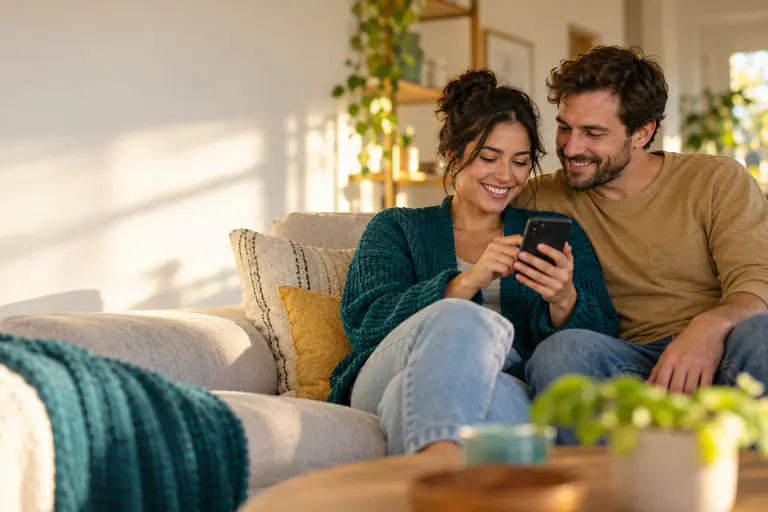 Young couple on a couch looking at a banking app together on a phone, relieved, golden afternoon light