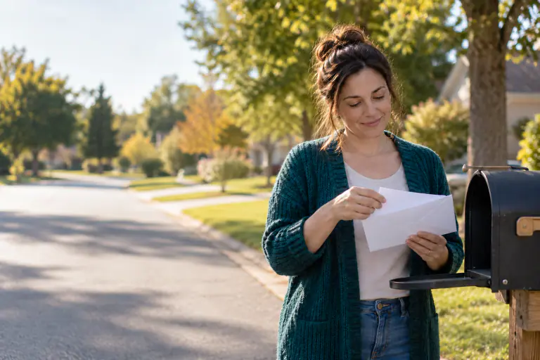 Woman in her 30s opening an envelope at the mailbox at the end of her driveway, calm expression