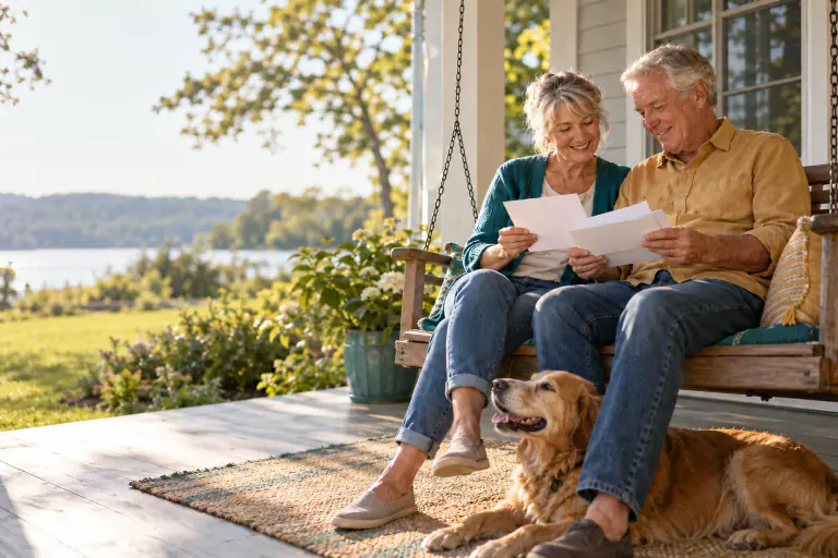 Retired couple in their 60s on a porch swing reading mail together, sunlit, a dog at their feet