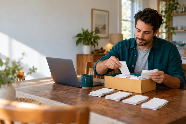 Man in his 30s sorting a shoebox of receipts into neat piles on a dining table, laptop open, focused and calm