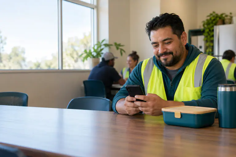 Warehouse worker in a hi vis vest checking his phone in the break room, calm half smile
